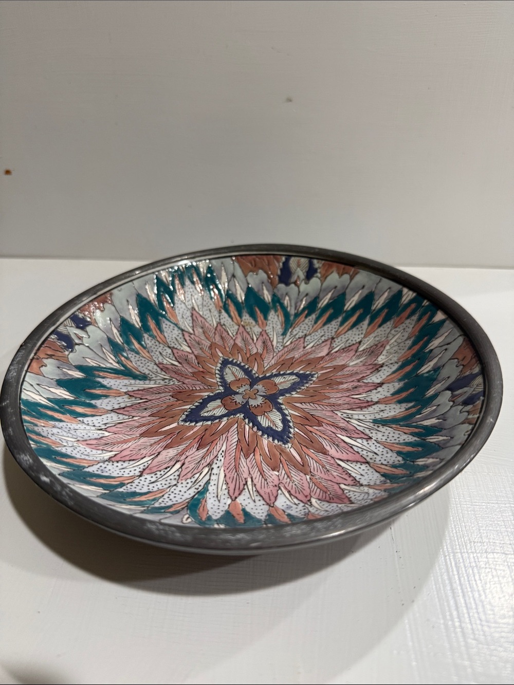 Neiman Marcus Hand-Painted Decorative Ceramic Pewter Bowl Teal and Pink vintage